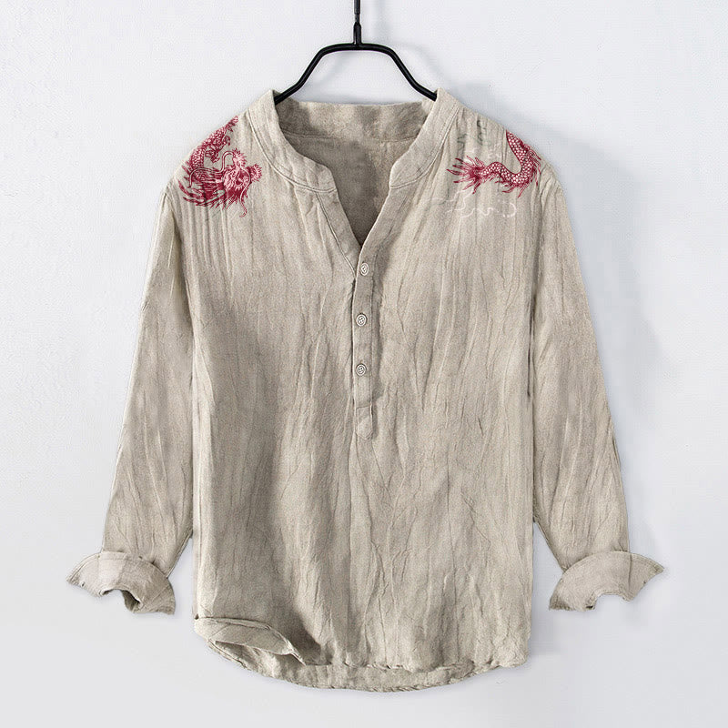 Buddha Stones赤龍柄 ハーフボタン メンズ コットンリネン 長袖シャツ - リネン - US/UK/AU50、EU60 (5XL) - image 6