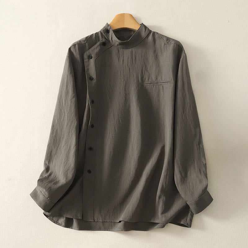 Buddha Stones秋スタンドカラー中国風フロッグボタンシンプルデザイン長袖レディースコットンシャツ - ディムグレー - US8-10，UK/AU12-14，EU40-42 (2XL) - image 0