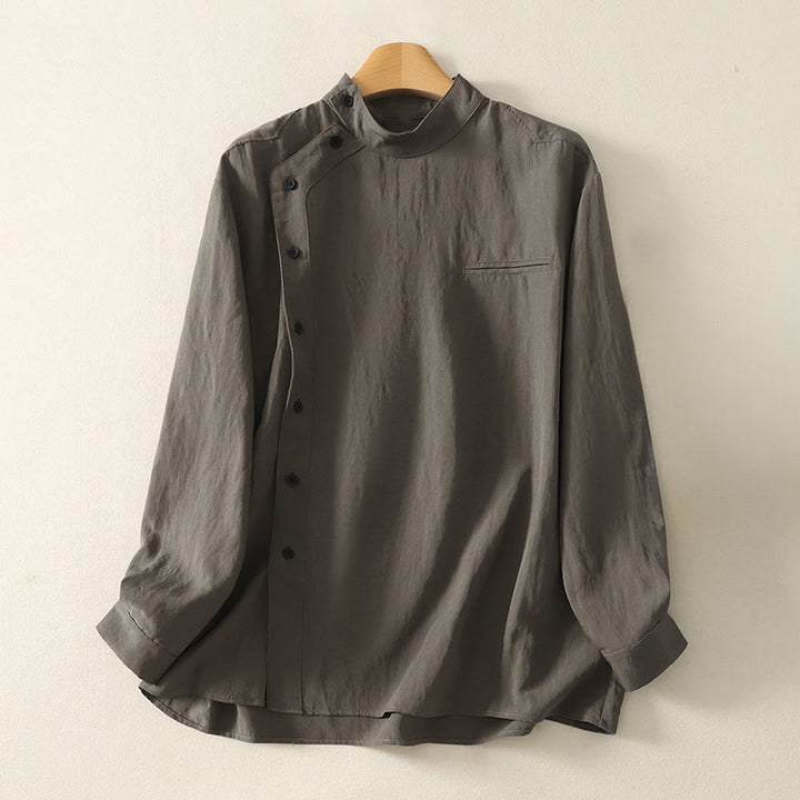 Buddha Stones秋スタンドカラー中国風フロッグボタンシンプルデザイン長袖レディースコットンシャツ - ディムグレー - US8-10，UK/AU12-14，EU40-42 (2XL) - image 0