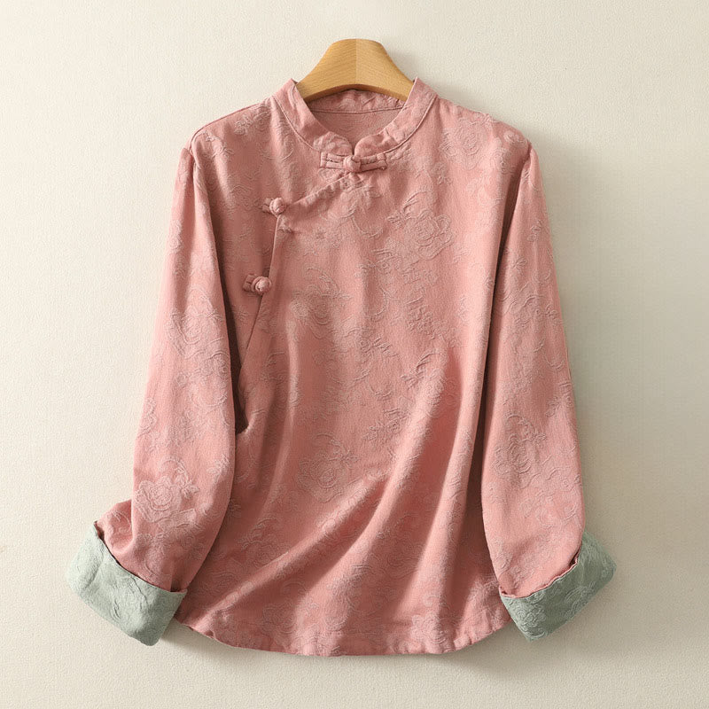 Buddha Stones春の無地ジャカードデザイン レディース コットン 禅 長袖シャツ - ダークサーモン - US8-10，UK/AU12-14，EU40-42 (2XL) - image 10