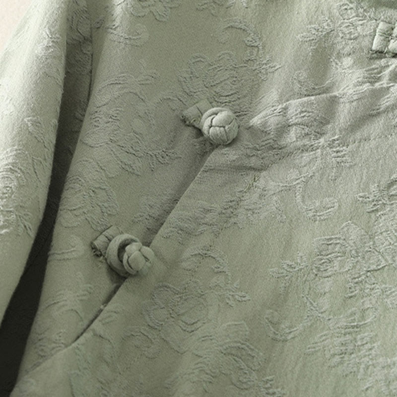 Buddha Stones春の無地ジャカードデザイン レディース コットン 禅 長袖シャツ - image 2