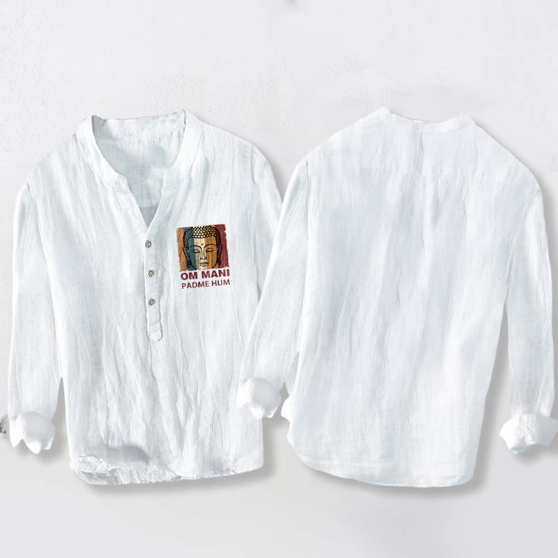 Buddha Stones OM MANI PADME HUM 仏陀柄 ハーフボタン メンズ コットンリネン 長袖シャツ - image 8