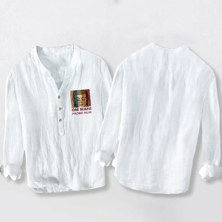 Buddha Stones OM MANI PADME HUM 仏陀柄 ハーフボタン メンズ コットンリネン 長袖シャツ - image 8