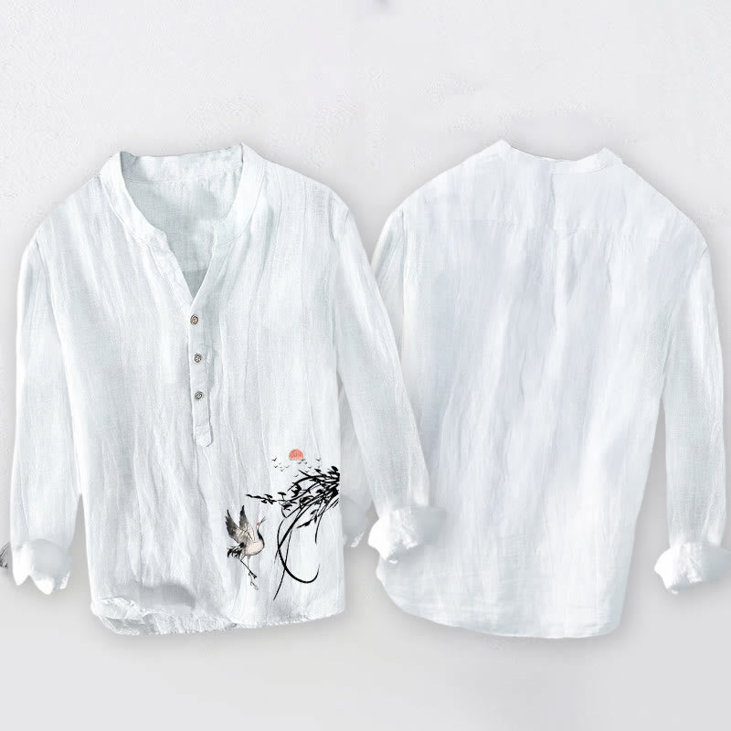 Buddha Stonesと日の出と鶴の枝模様のハーフボタンメンズコットンリネン長袖シャツ - image 8