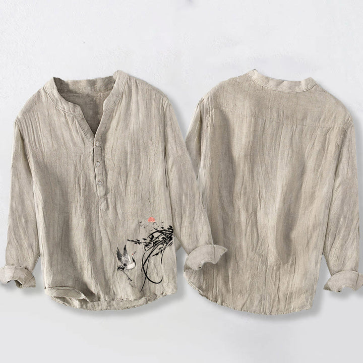 Buddha Stonesと日の出と鶴の枝模様のハーフボタンメンズコットンリネン長袖シャツ - image 2