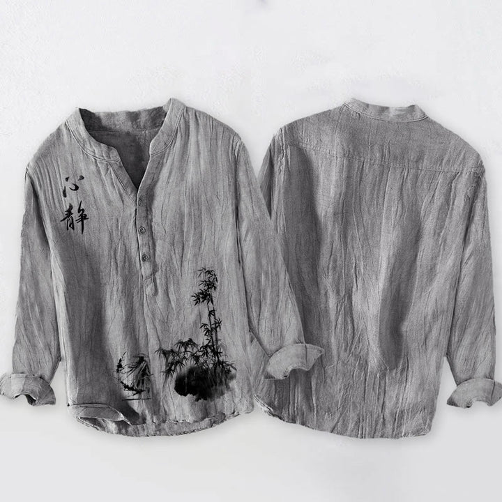 Buddha Stonesと竹の漢字剣士柄半ボタンメンズコットンリネン長袖シャツ - image 5