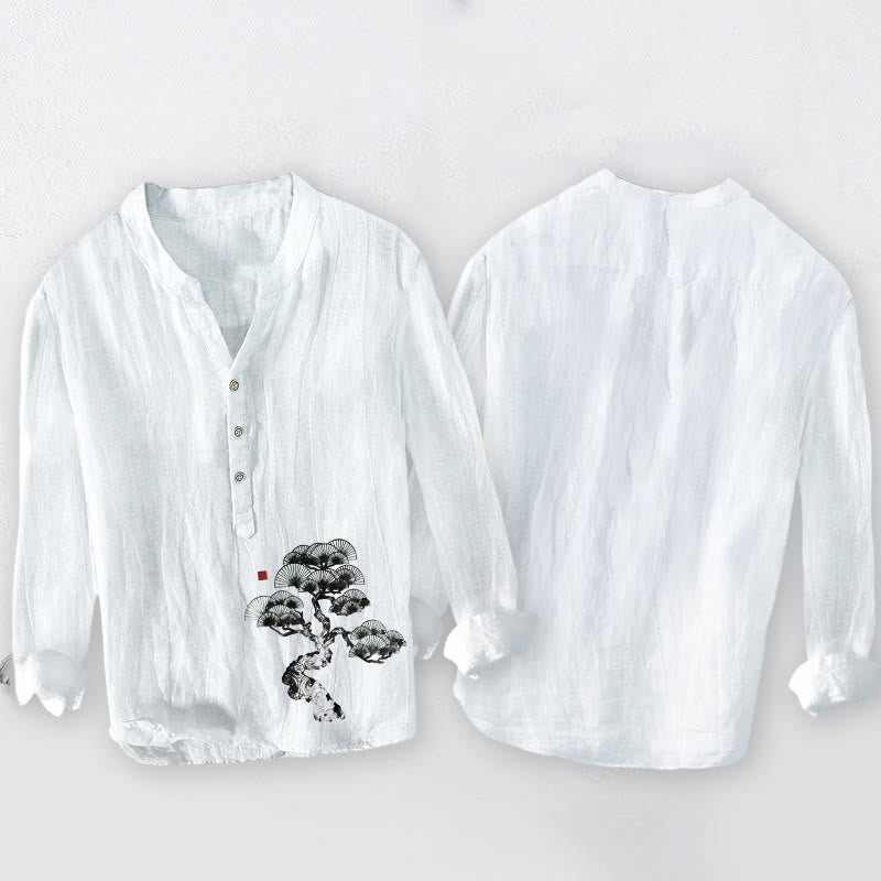 Buddha Stonesと松の木柄のハーフボタンメンズコットンリネン長袖シャツ - image 8