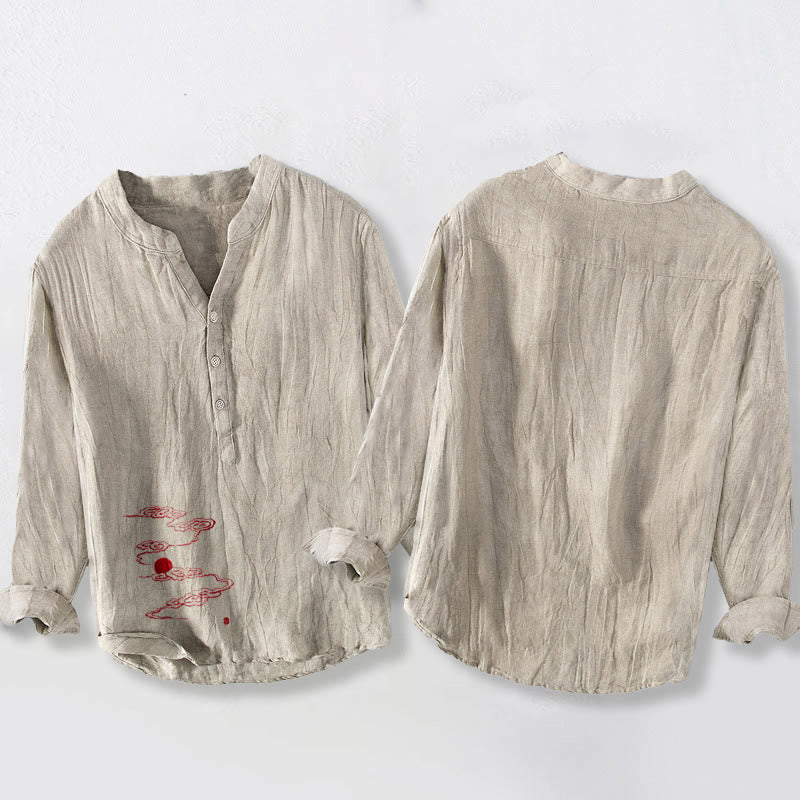 Buddha Stones、吉兆の雲、赤い太陽の模様、半ボタン、メンズコットンリネン長袖シャツ - image 8