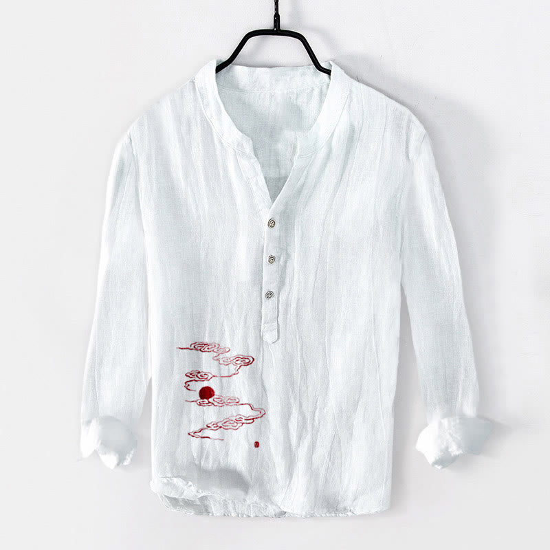 Buddha Stones、吉兆の雲、赤い太陽の模様、半ボタン、メンズコットンリネン長袖シャツ - 白 - US/UK/AU50、EU60 (5XL) - image 3