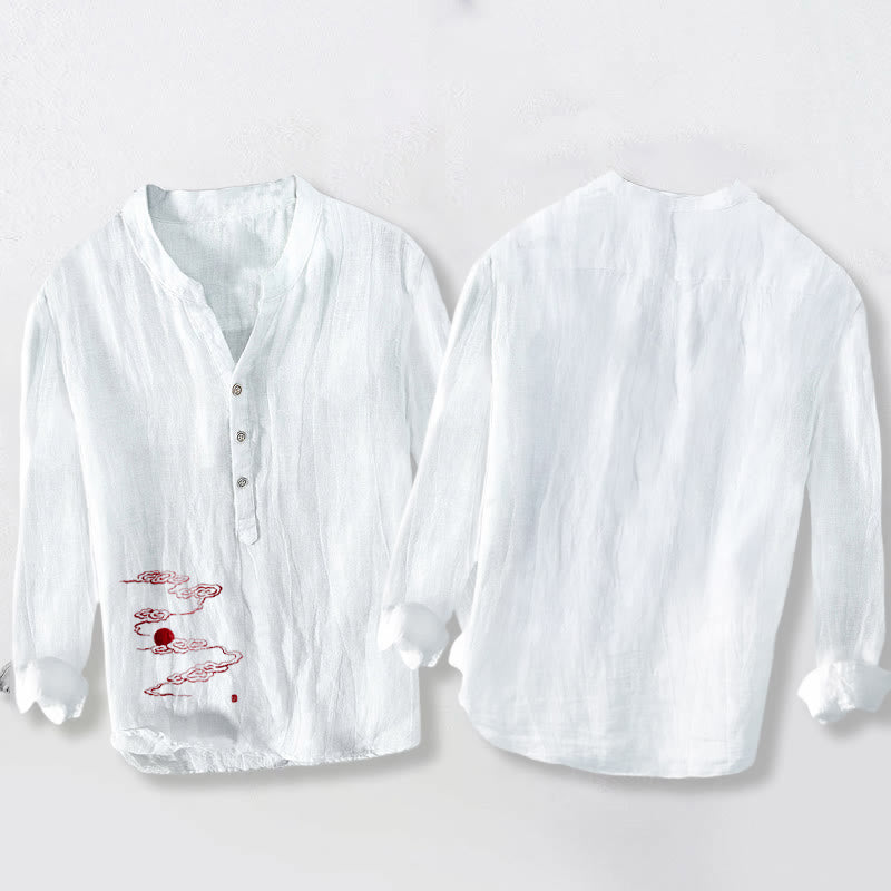 Buddha Stones、吉兆の雲、赤い太陽の模様、半ボタン、メンズコットンリネン長袖シャツ - image 5