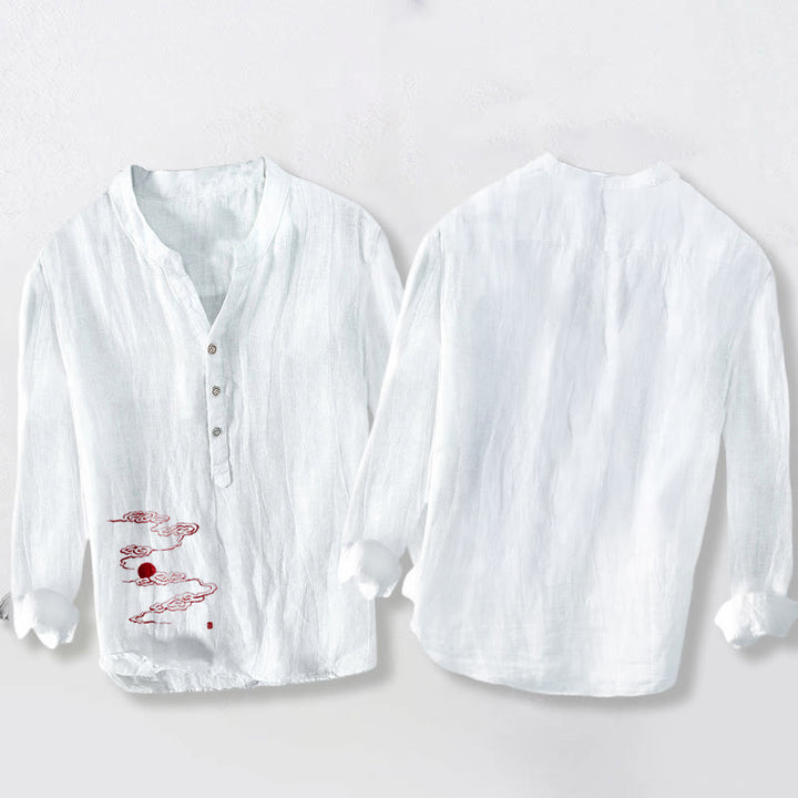 Buddha Stones、吉兆の雲、赤い太陽の模様、半ボタン、メンズコットンリネン長袖シャツ - image 5