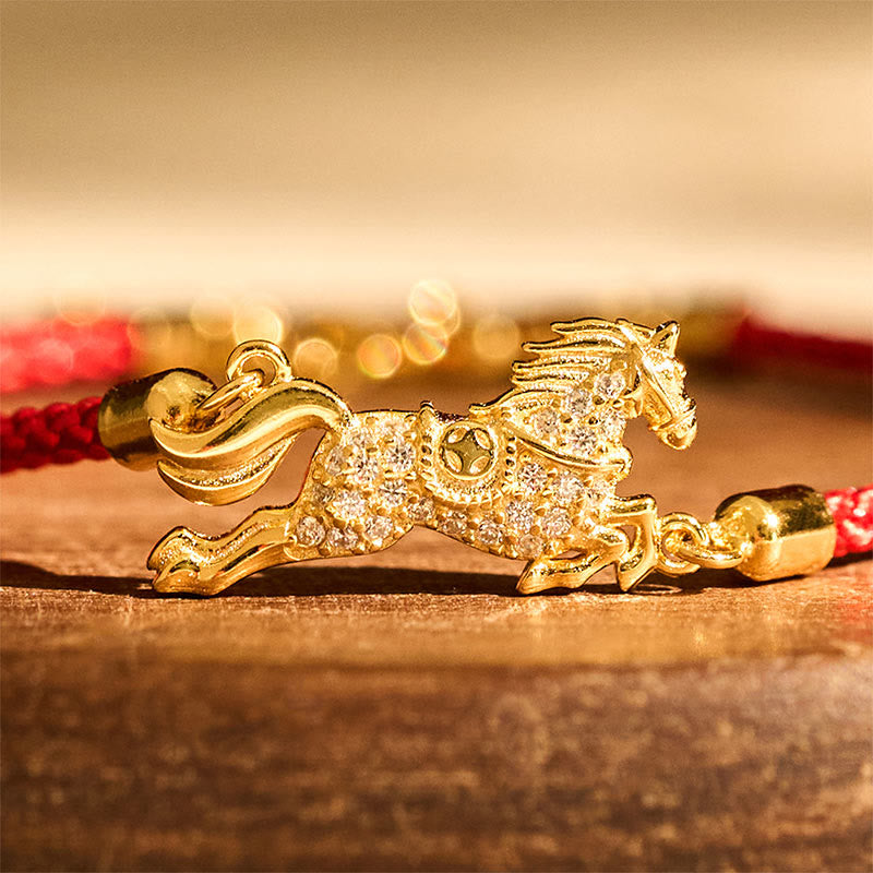 Buddha Stones中国十二支 馬年 925スターリングシルバー 金色赤紐幸運ブレスレット - image 3