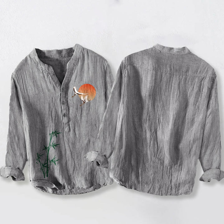 Buddha Stones、太陽、鶴、竹の葉柄、半ボタン、メンズコットンリネン長袖シャツ - image 5