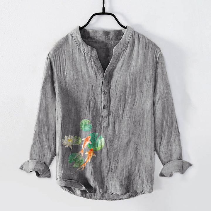 Buddha Stones、鯉、蓮の葉柄、ハーフボタン、メンズコットンリネン長袖シャツ - グレー - US/UK/AU50、EU60 (5XL) - image 6