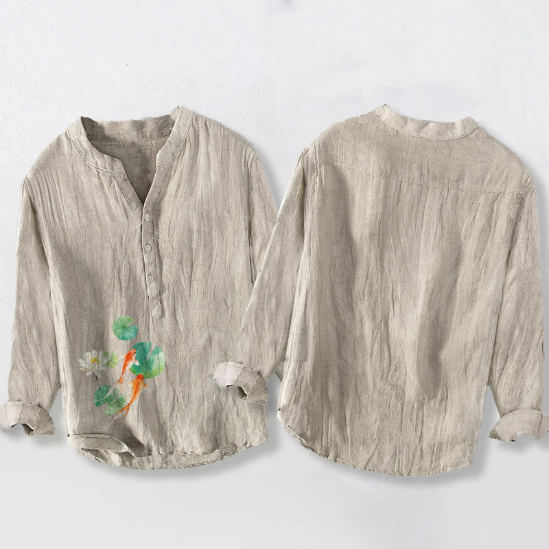 Buddha Stones、鯉、蓮の葉柄、ハーフボタン、メンズコットンリネン長袖シャツ - image 5