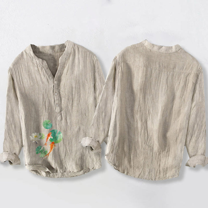 Buddha Stones、鯉、蓮の葉柄、ハーフボタン、メンズコットンリネン長袖シャツ - image 5