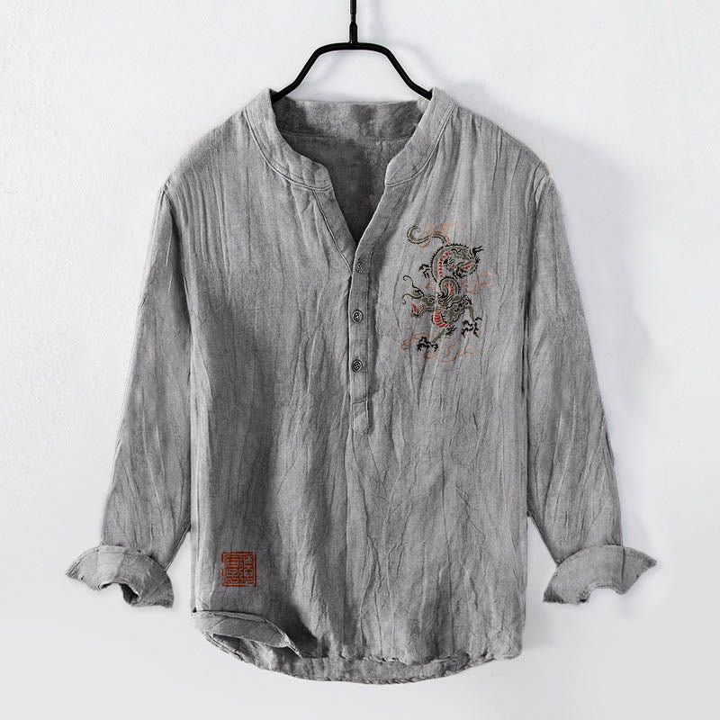 Buddha Stones龍中国印章柄半ボタンメンズコットンリネン長袖シャツ - グレー - US/UK/AU50、EU60 (5XL) - image 3