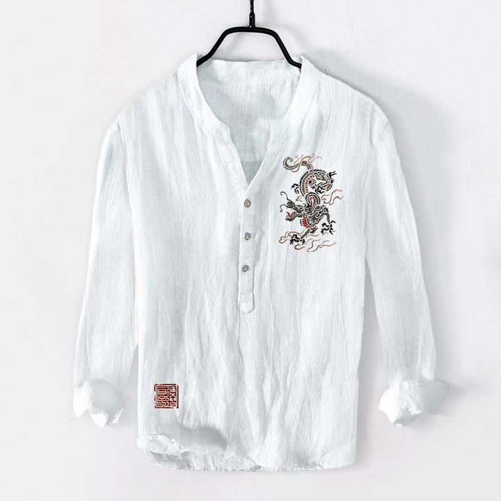Buddha Stones龍中国印章柄半ボタンメンズコットンリネン長袖シャツ - 白 - US/UK/AU50、EU60 (5XL) - image 6