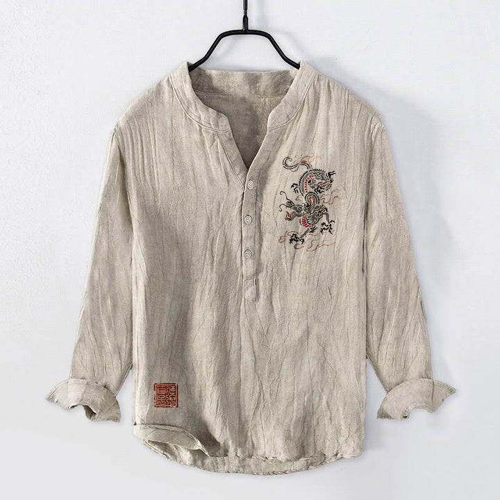 Buddha Stones龍中国印章柄半ボタンメンズコットンリネン長袖シャツ - リネン - US/UK/AU50、EU60 (5XL) - image 0