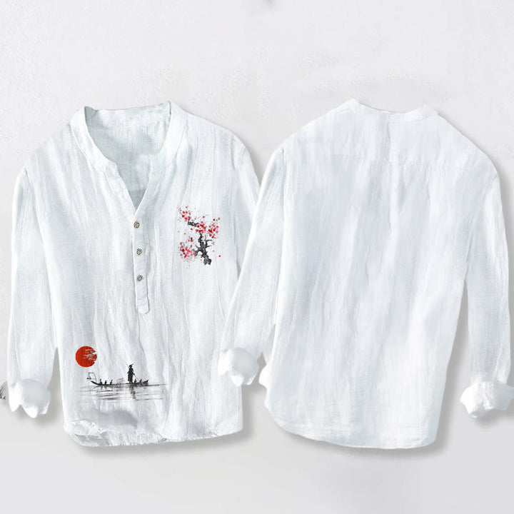 Buddha Stones、梅の花、太陽、漁師柄、ハーフボタン、メンズコットンリネン長袖シャツ - image 8