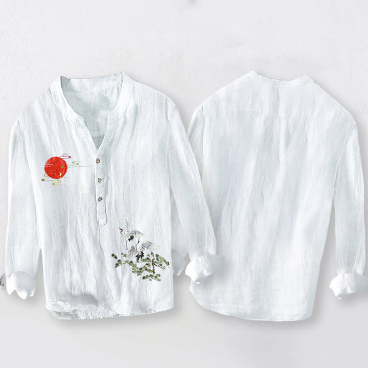 Buddha Stones、太陽、鶴、松の枝柄、ハーフボタン、メンズコットンリネン長袖シャツ - image 5