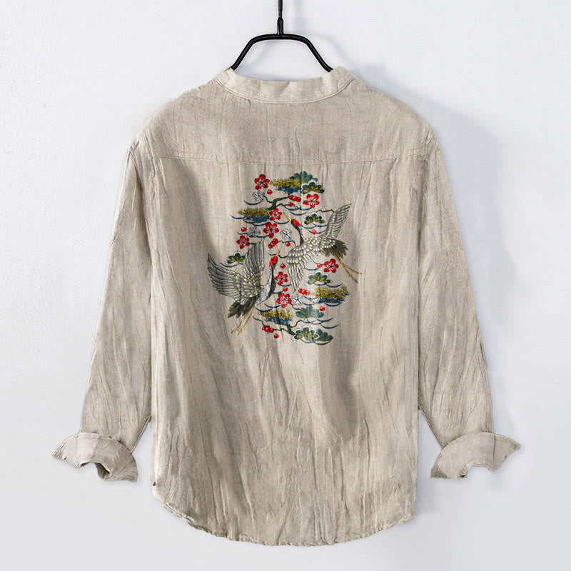 Buddha Stones、鶴、松、花柄、ハーフボタン、メンズコットンリネン長袖シャツ - image 5