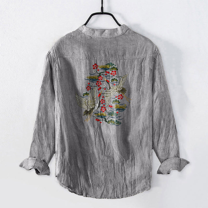 Buddha Stones、鶴、松、花柄、ハーフボタン、メンズコットンリネン長袖シャツ - image 8