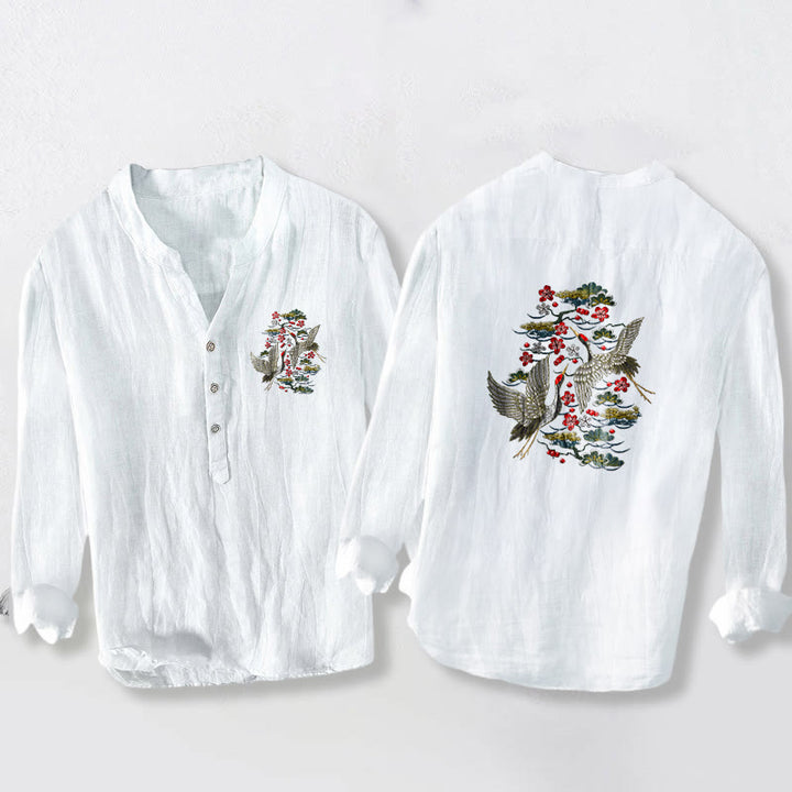 Buddha Stones、鶴、松、花柄、ハーフボタン、メンズコットンリネン長袖シャツ - 白 - US/UK/AU50、EU60 (5XL) - image 0