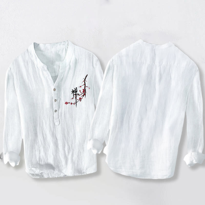 Buddha Stonesと赤い桃の花の禅柄半ボタンメンズコットンリネン長袖シャツ - image 8