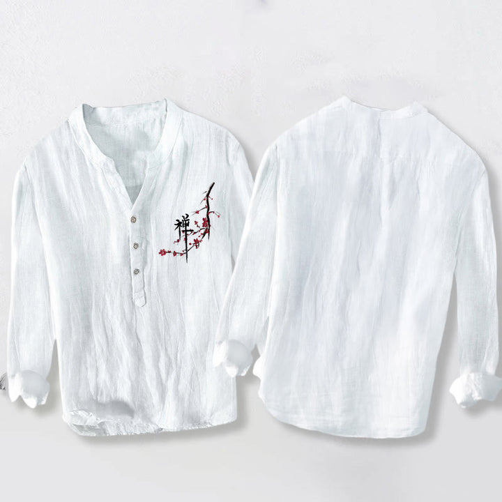 Buddha Stonesと赤い桃の花の禅柄半ボタンメンズコットンリネン長袖シャツ - image 8