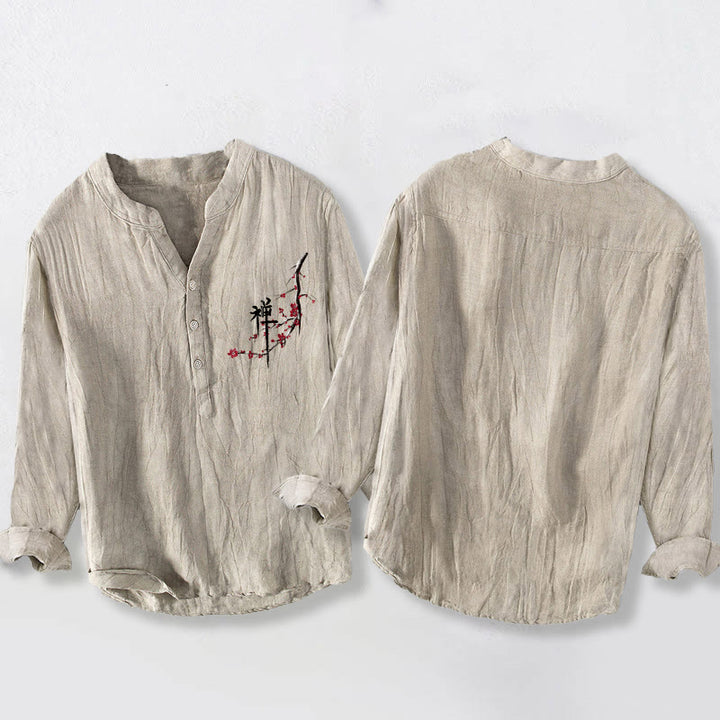 Buddha Stonesと赤い桃の花の禅柄半ボタンメンズコットンリネン長袖シャツ - image 2