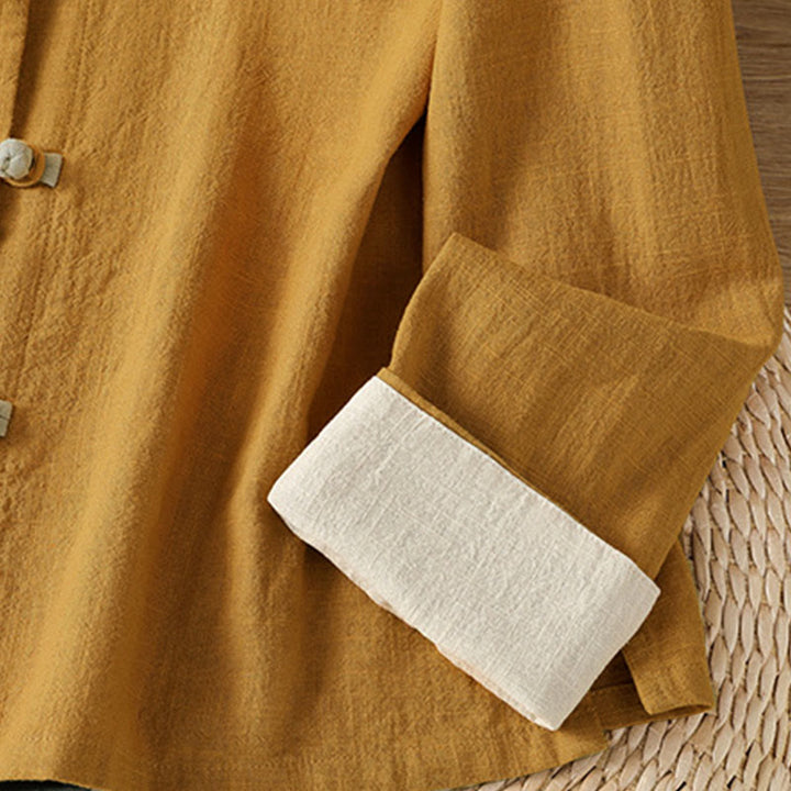 Buddha Stonesカラーコントラストデザイン 中国風フロッグボタン長袖レディースリネンシャツ - image 5