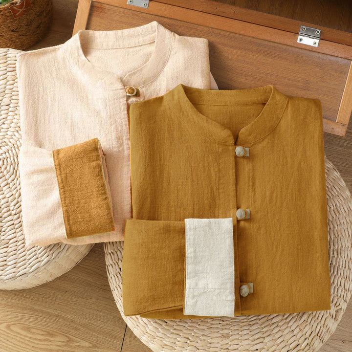 Buddha Stonesカラーコントラストデザイン 中国風フロッグボタン長袖レディースリネンシャツ - image 18