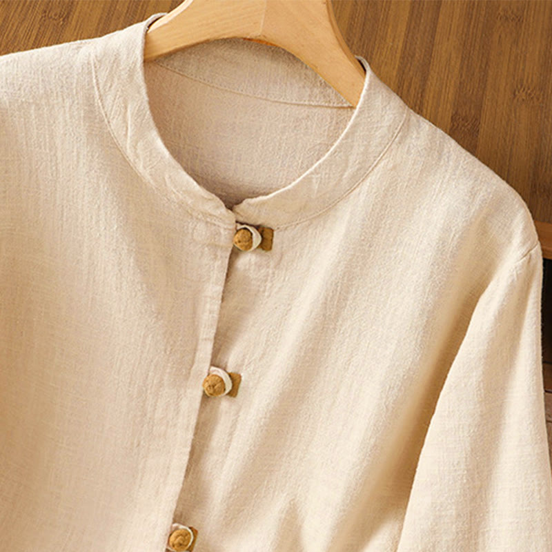 Buddha Stonesカラーコントラストデザイン 中国風フロッグボタン長袖レディースリネンシャツ - image 13