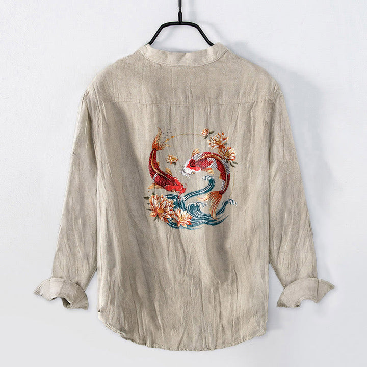 Buddha Stones、鯉、蓮、波模様、ハーフボタン、メンズコットンリネン長袖シャツ - image 5