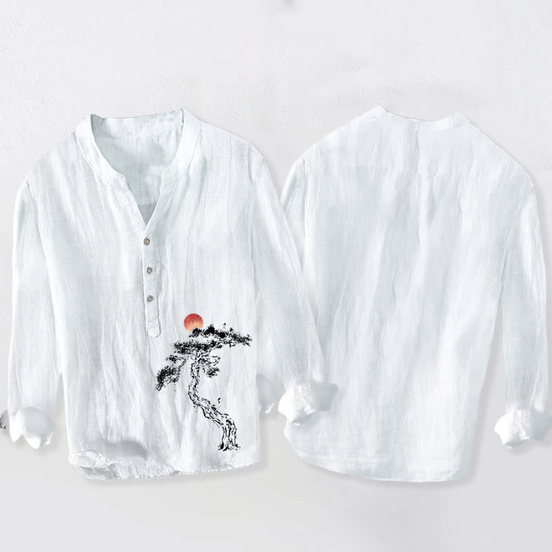 Buddha Stones、松、赤い太陽の模様、ハーフボタン、メンズコットンリネン長袖シャツ - image 8