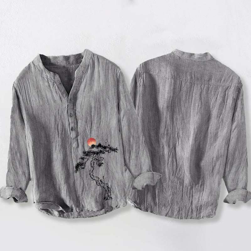 Buddha Stones、松、赤い太陽の模様、ハーフボタン、メンズコットンリネン長袖シャツ - image 5