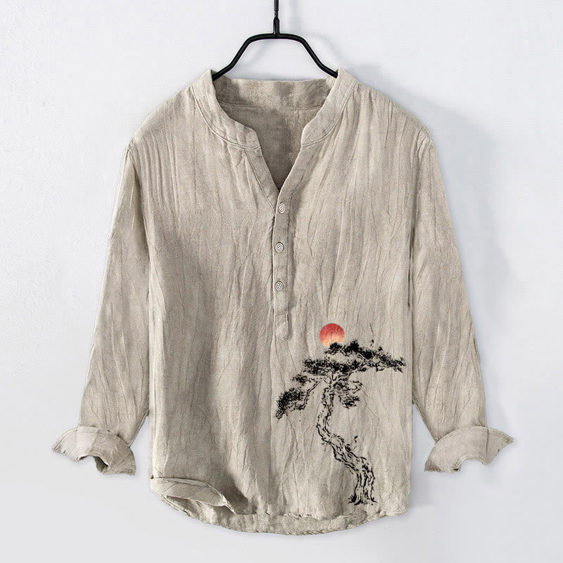 Buddha Stones、松、赤い太陽の模様、ハーフボタン、メンズコットンリネン長袖シャツ - リネン - US/UK/AU50、EU60 (5XL) - image 0