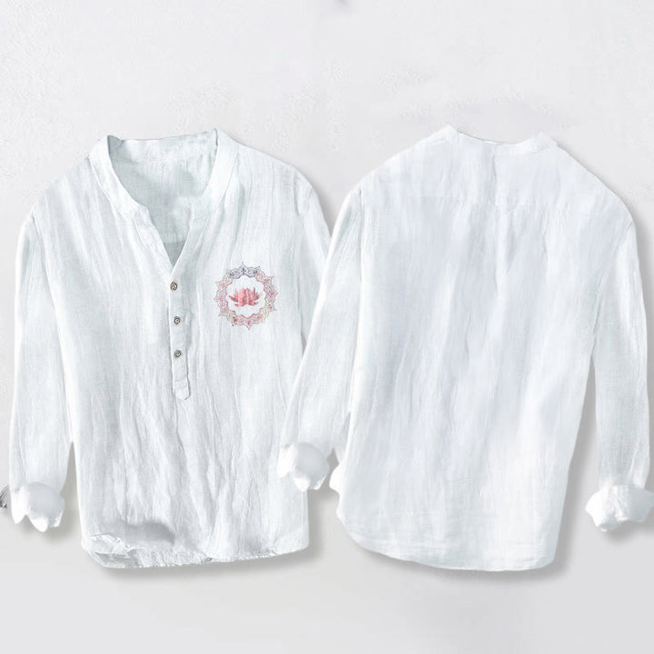 Buddha Stonesと蓮の曼荼羅模様のハーフボタンメンズコットンリネン長袖シャツ - image 2