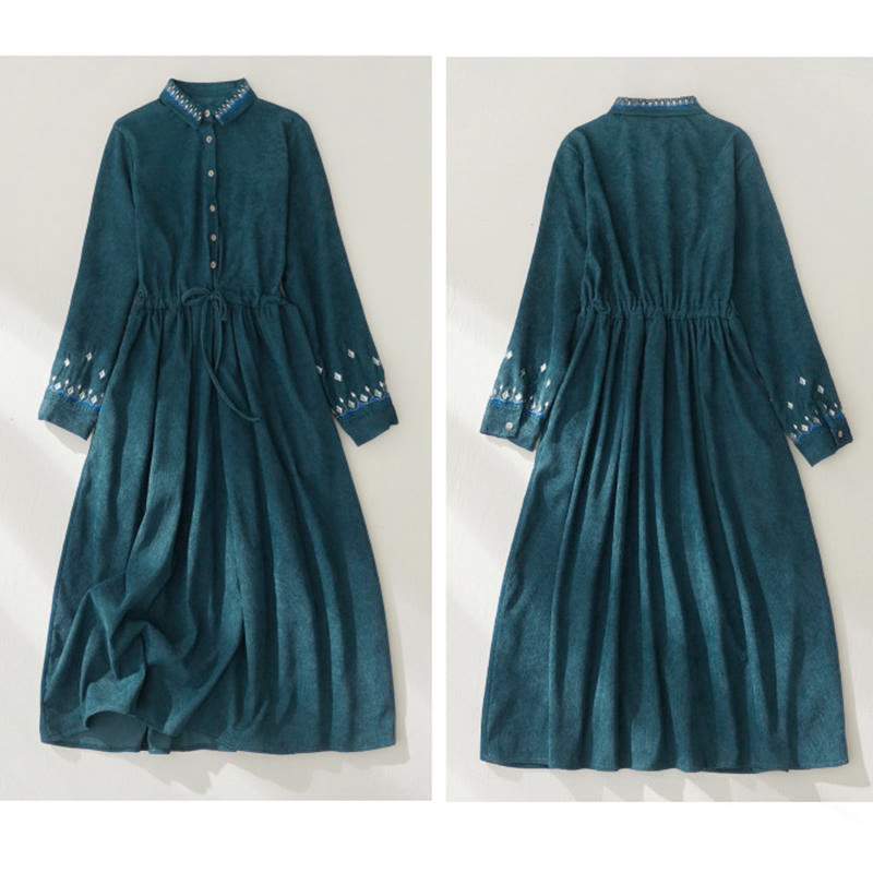 Buddha Stones刺繍の花柄レースアップデザイン長袖ミディドレス（ポケット付き） - image 17