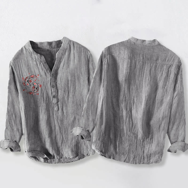 Buddha Stonesと鯉の陰陽模様のハーフボタンメンズコットンリネン長袖シャツ - image 5