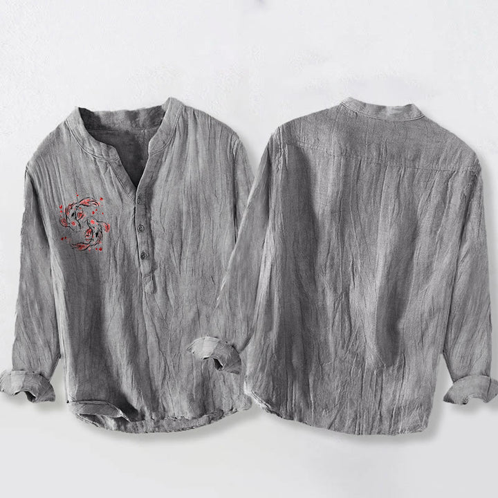 Buddha Stonesと鯉の陰陽模様のハーフボタンメンズコットンリネン長袖シャツ - image 5