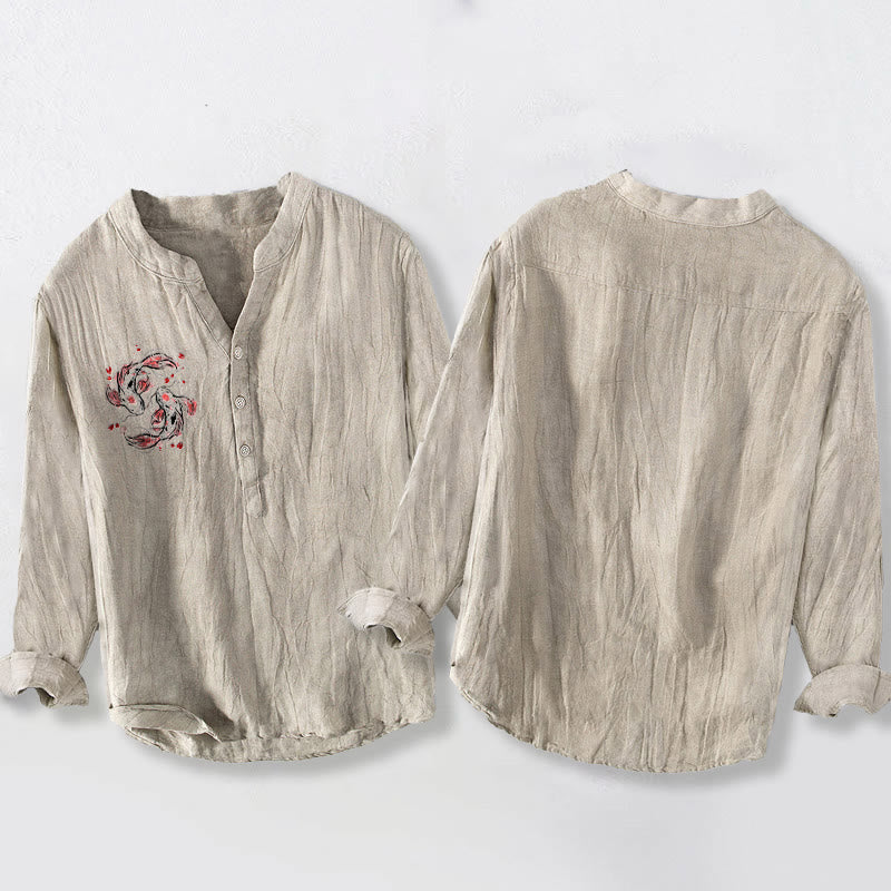 Buddha Stonesと鯉の陰陽模様のハーフボタンメンズコットンリネン長袖シャツ - image 2