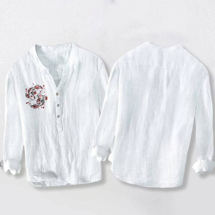 Buddha Stonesと鯉の陰陽模様のハーフボタンメンズコットンリネン長袖シャツ - image 8