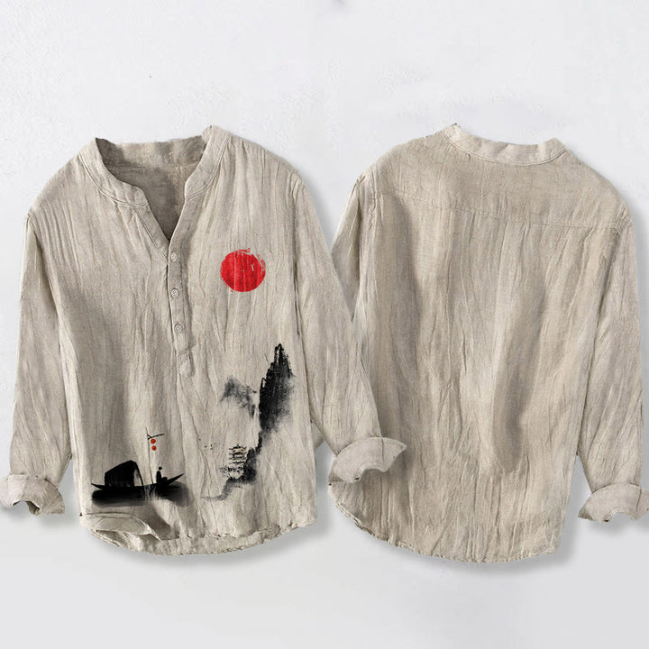 Buddha Stones、山、漁師、船、赤い太陽のハーフボタンメンズコットンリネン長袖シャツ - image 8
