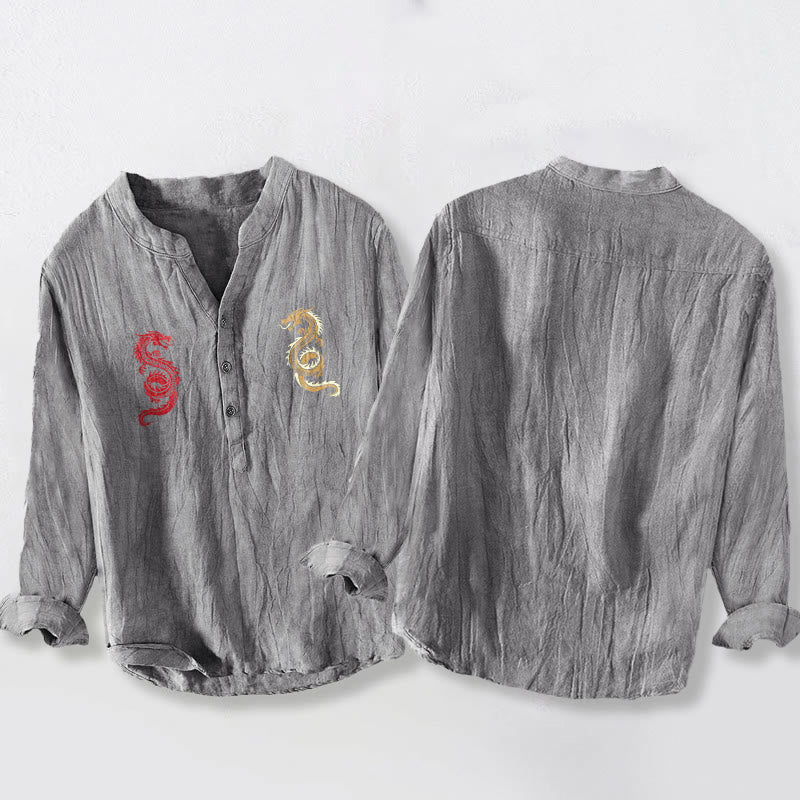 Buddha Stonesダブルドラゴン柄 ハーフボタン メンズ コットンリネン 長袖シャツ - image 2