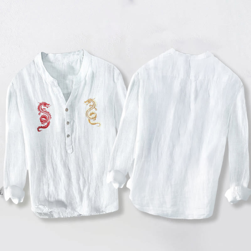 Buddha Stonesダブルドラゴン柄 ハーフボタン メンズ コットンリネン 長袖シャツ - image 5