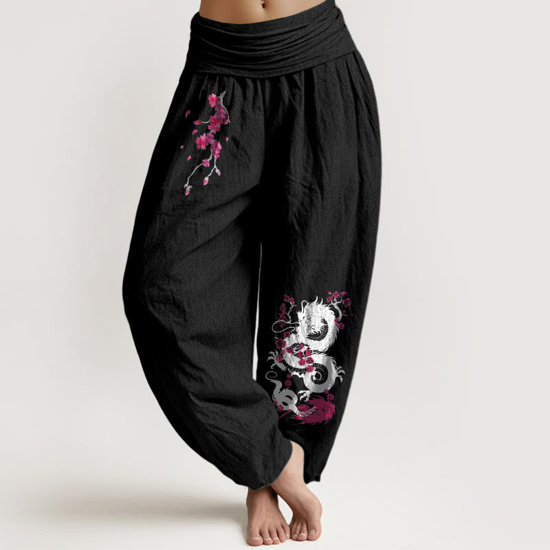 Buddha Stones ドラゴン桜柄レディース伸縮性ウエストハーレムコットンパンツ - 黒 - US16、 UK/AU20、 EU48 (3XL) - image 11