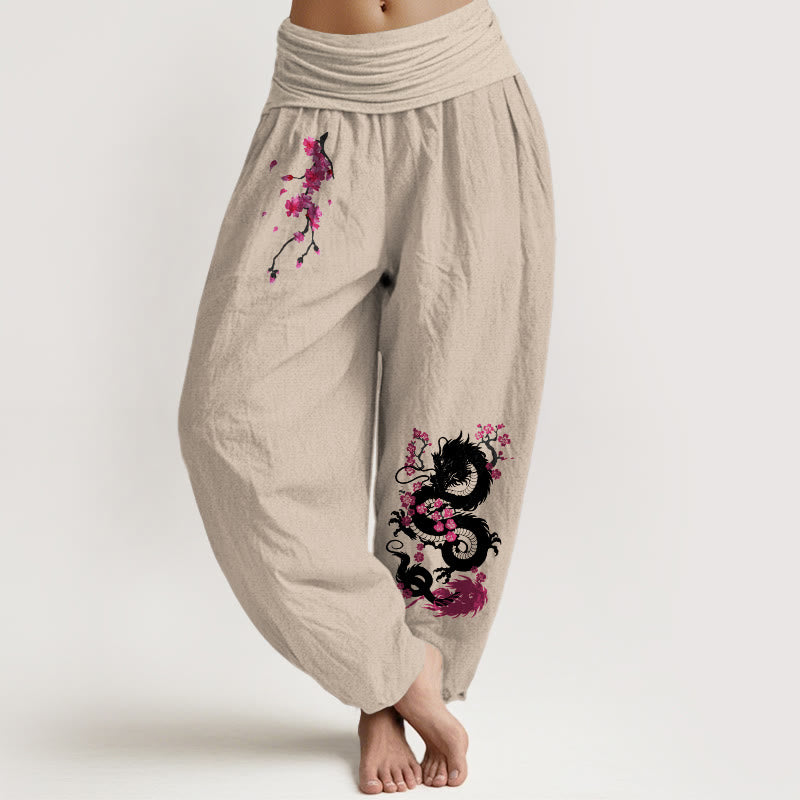 Buddha Stones ドラゴン桜柄レディース伸縮性ウエストハーレムコットンパンツ - タン - US16、 UK/AU20、 EU48 (3XL) - image 5
