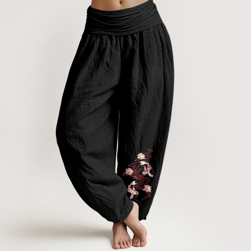 Buddha Stones 純綿 蓮 鯉鯉レディース 伸縮性ウエスト ハーレムパンツ - 黒 - US16、 UK/AU20、 EU48 (3XL) - image 0